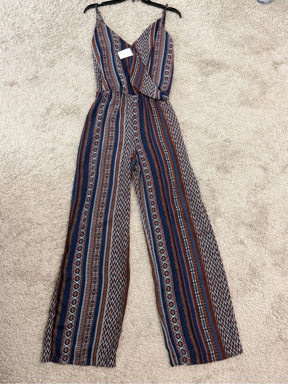 Striped V-Neck Wide-Leg Jumpsuit in Navy & Rust